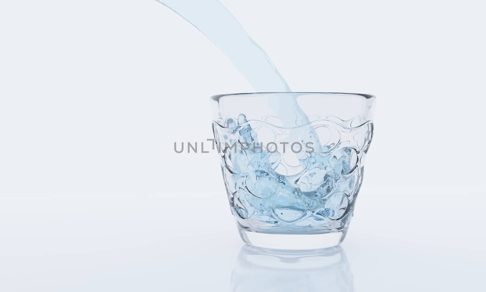 Pouring water from bottle into glass on white background and reflection on surface. 3D rendering.