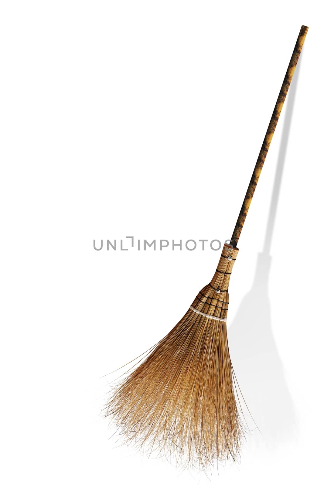 broom and coconut palms grass for recycle bin and cleansing day, Broom, Witches isolated on background white. witch's broomstick, Bin,Trash, Garbage, Rubbish, Plastic Bags pile
