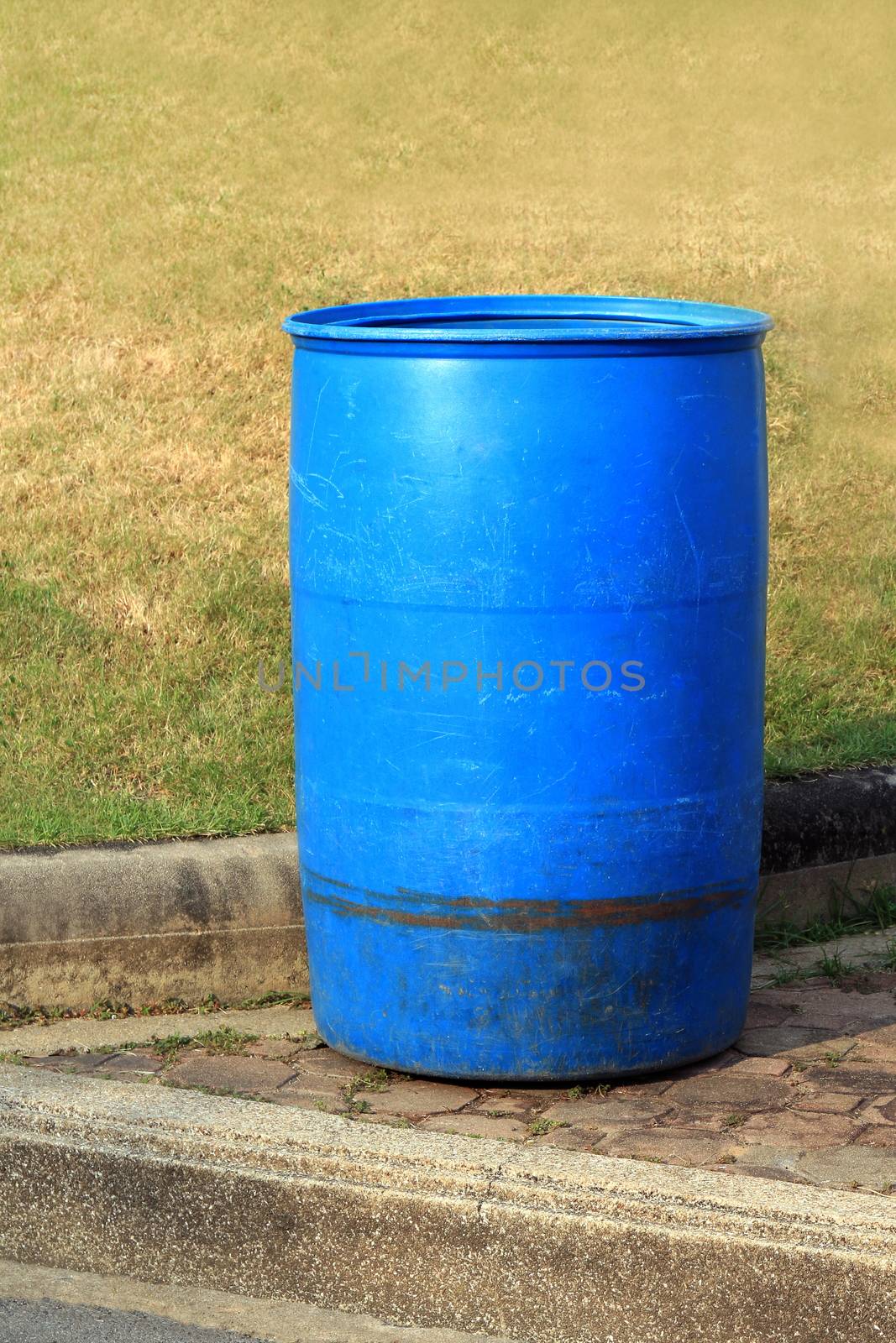 Old Blue plastic bucket, Plastic bucket for water, Plastic for Waste Bin in garden by cgdeaw