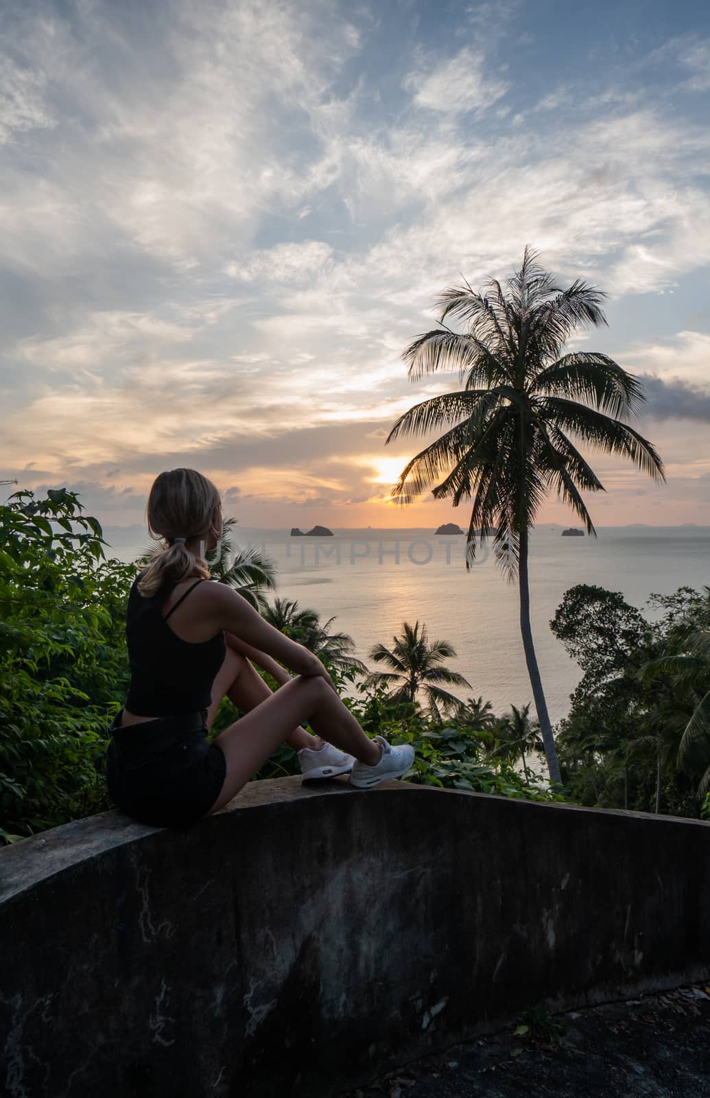 Silhouette of woman sitting alone on the hill with a coconut palm trees and enjoys sea on a horizon in a sunset. Vacation and travel concept on a island. Beautiful sunsets on a Samui island. by vovsht