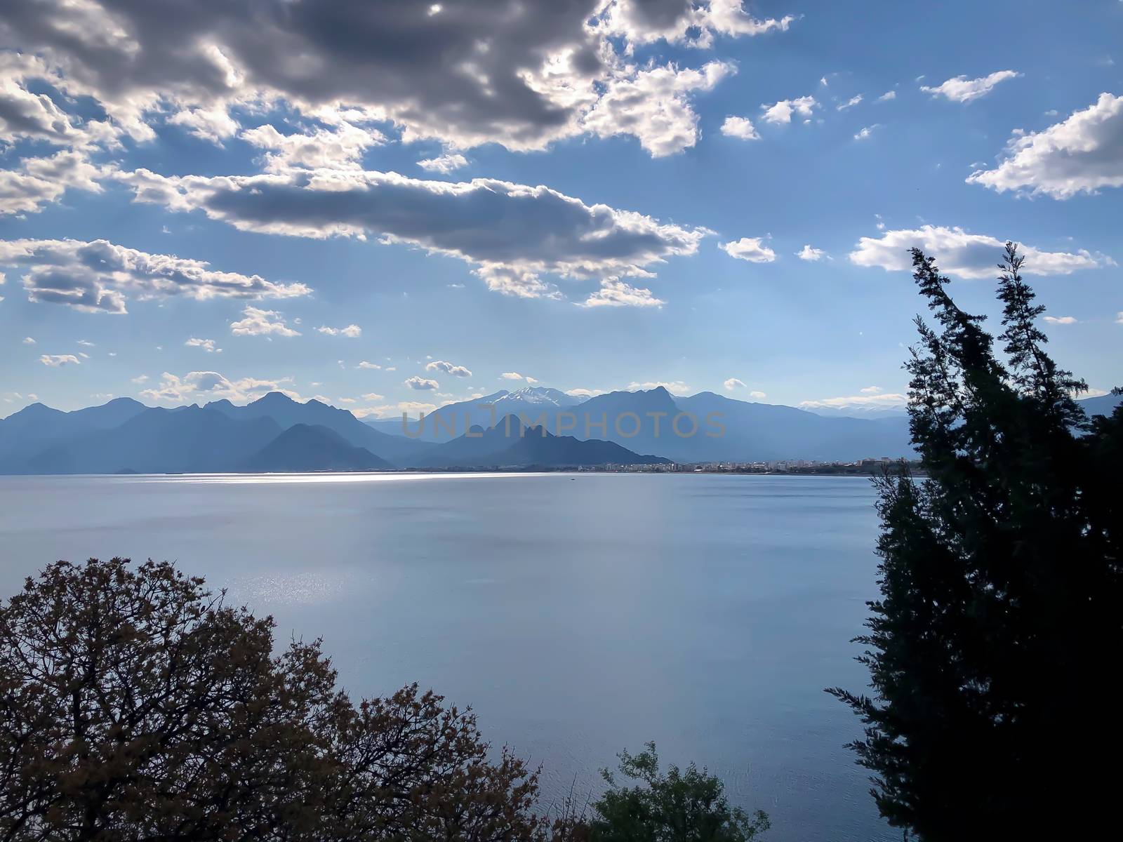 Landscape of Mediterranean sea mountains and blue sky