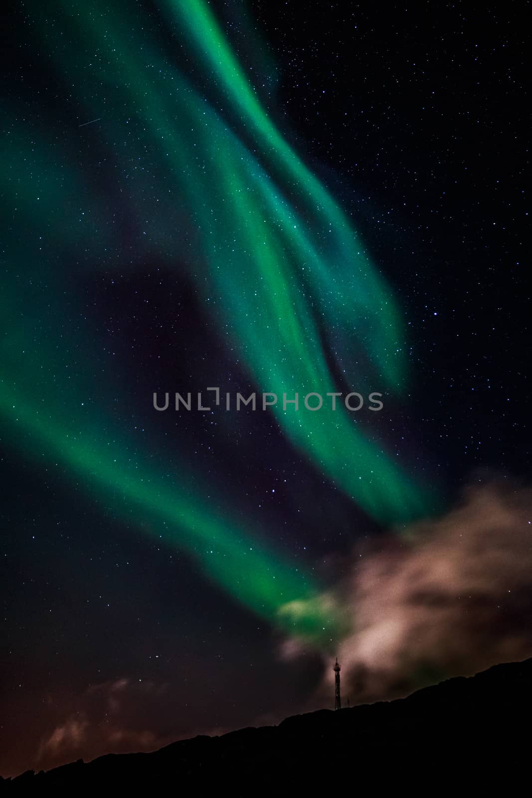 Green Aurora Borealis Northern lights shining with starlit sky,  by ambeon
