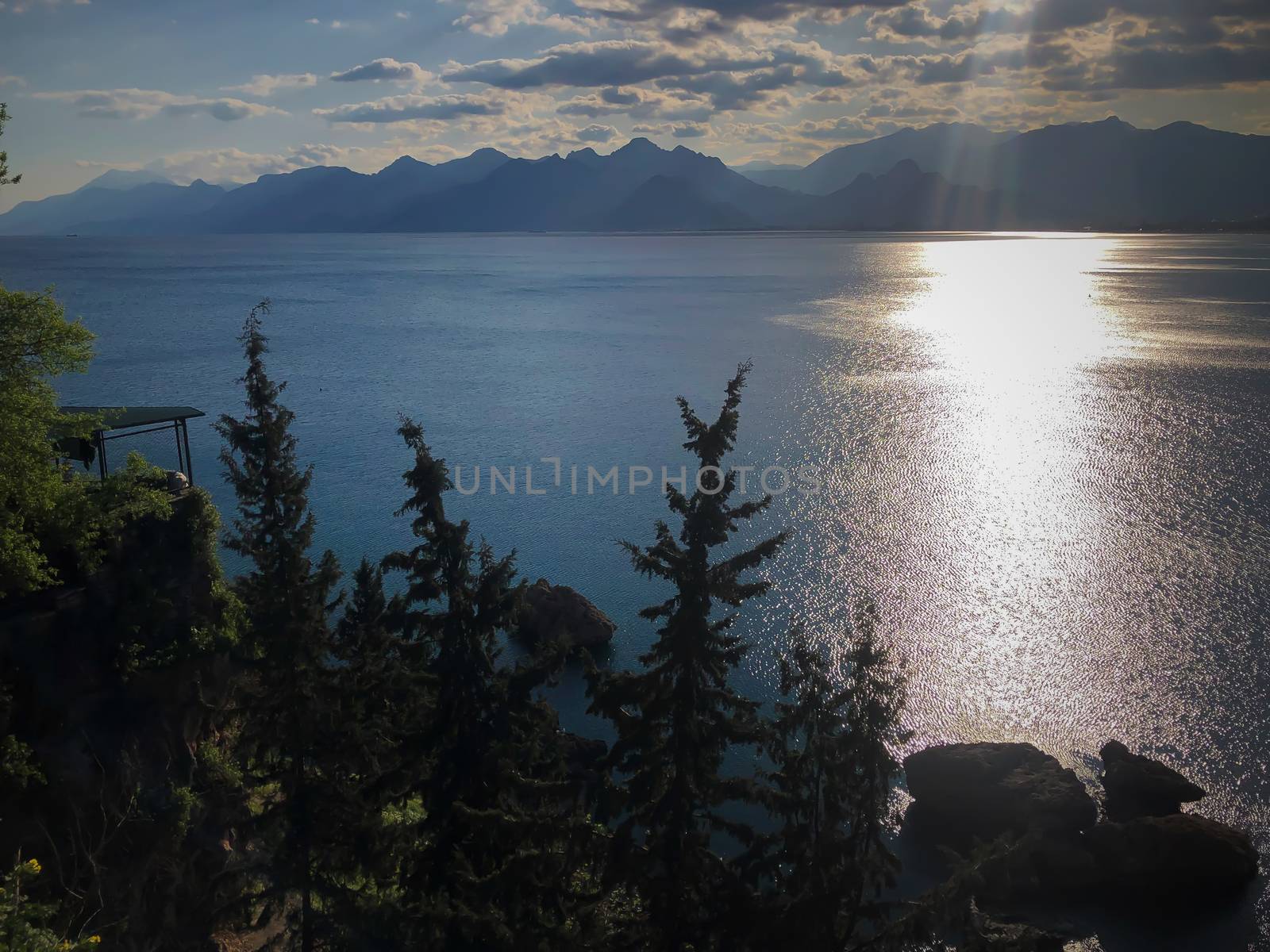 Landscape of Mediterranean sea mountains and blue sky