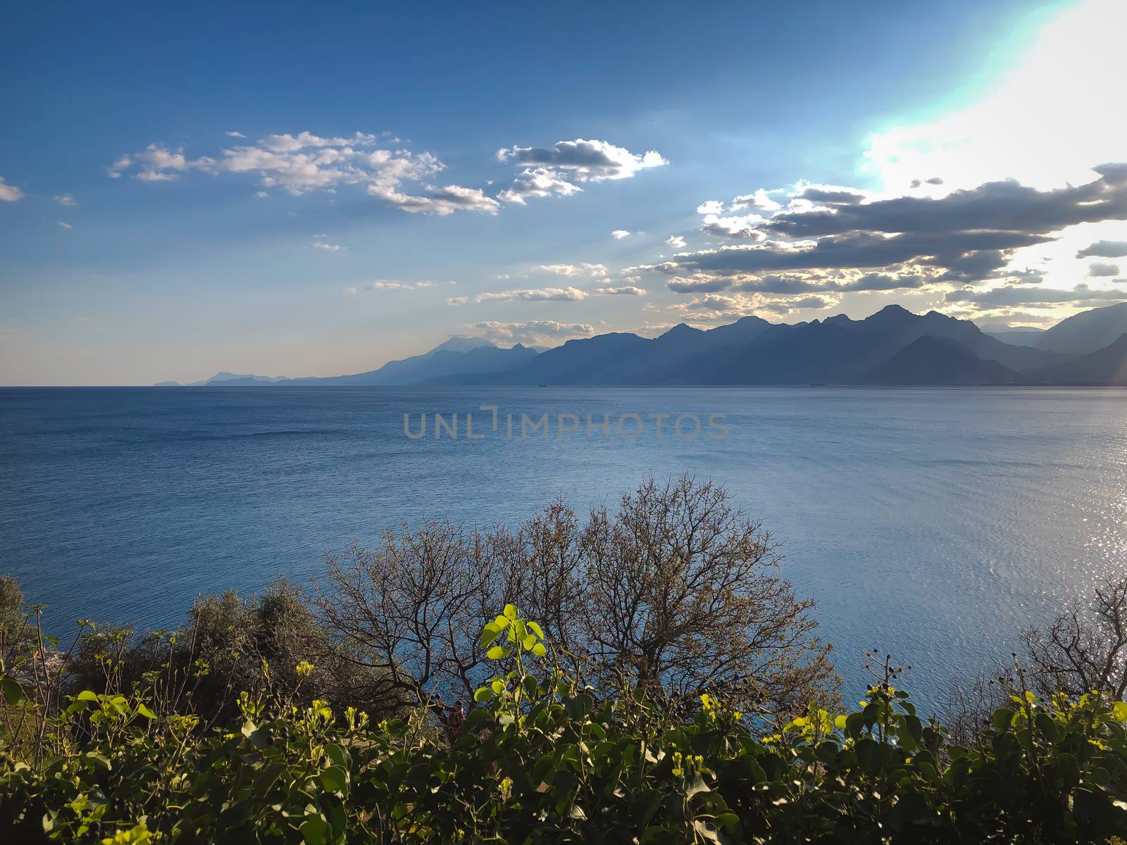 Landscape of Mediterranean sea mountains and blue sky
