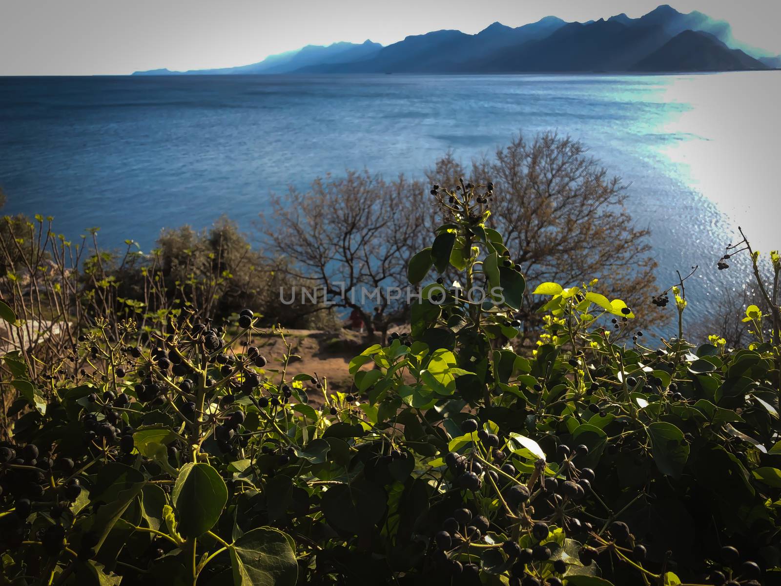 Landscape of Mediterranean sea mountains and blue sky