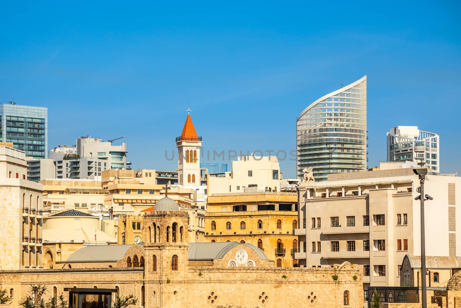 Saint George Greek Ortodox cathedral in the center of Beirut among modern buildings, Lebanon