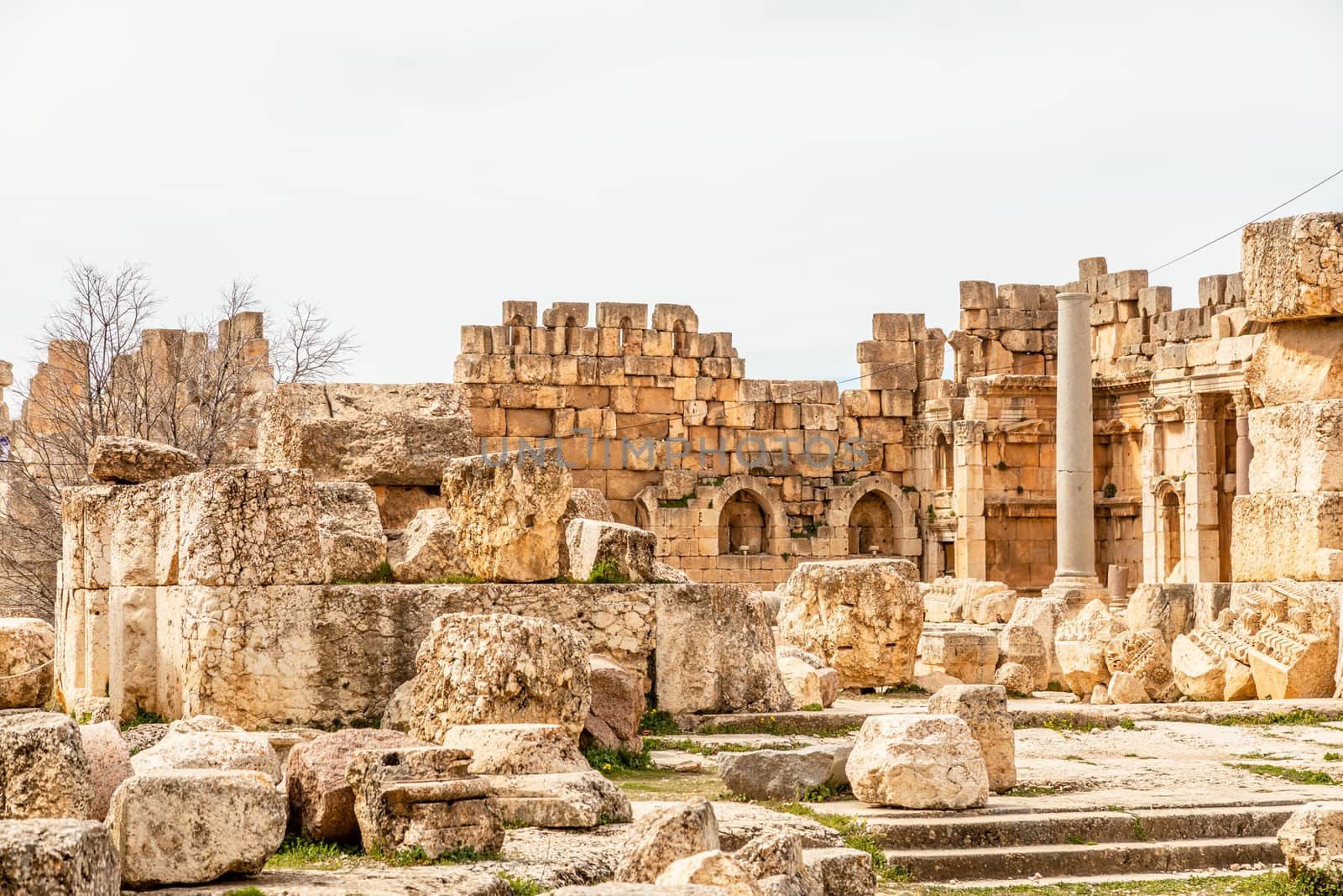 Ancient ruined walls of Grand Court of Jupiter temple, Beqaa Valley, Baalbeck, Lebanon