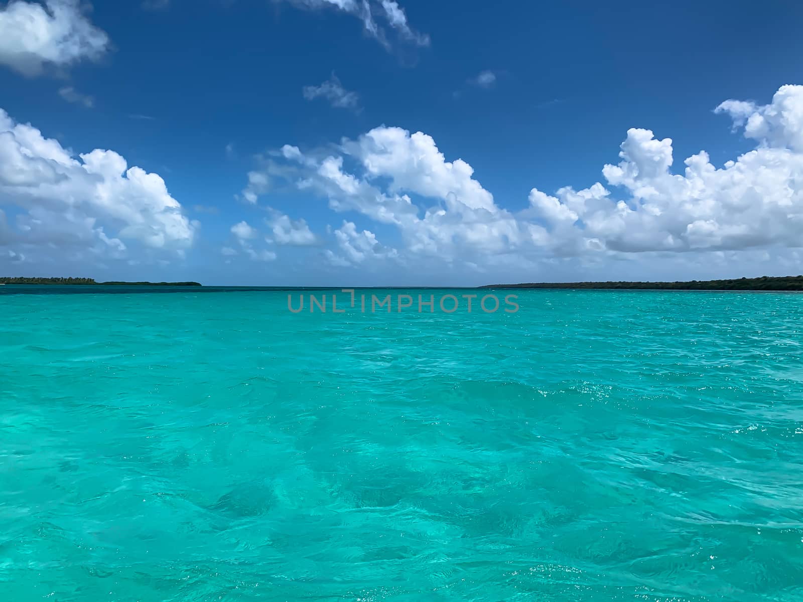 Turquoise blue clear Caribbean sea and horizon on Saona island in Dominican Republic