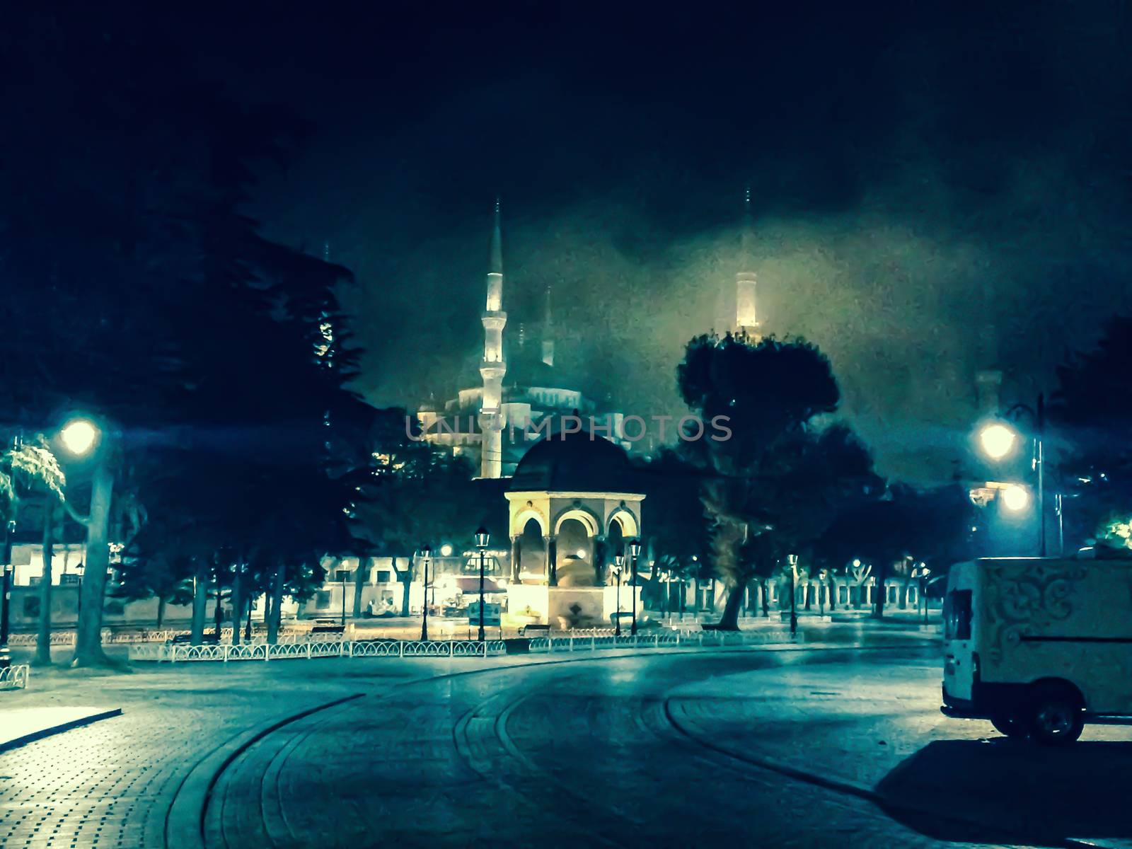 Foggy Night in Istanbul Sultanahmet Mosque Park 