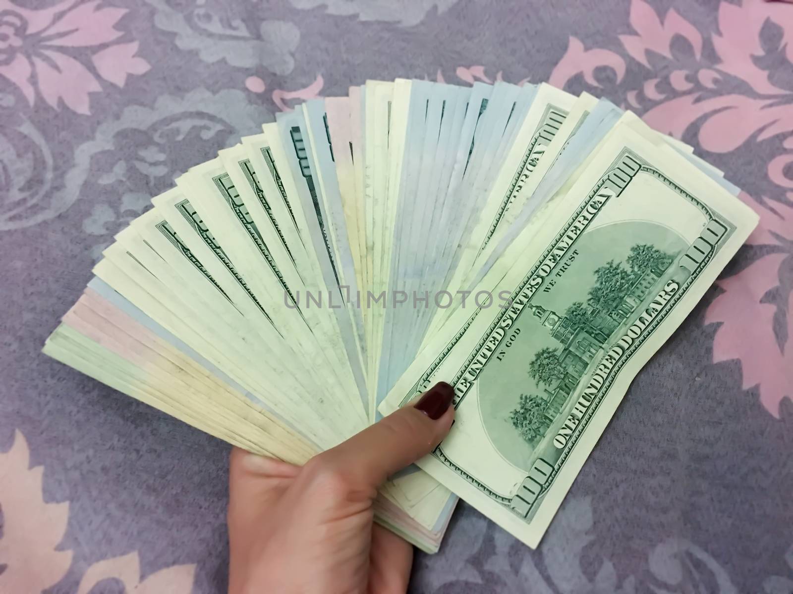 A Woman's Hand Holding a lot of 100 Dollar Bills Banknotes by AlonaGryadovaya