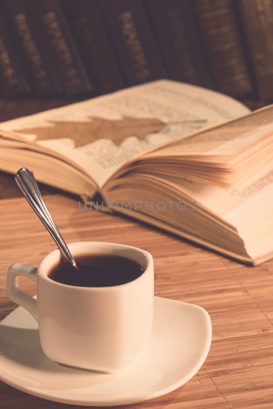 An open book and a cup of coffee on the table. Dry oak leaf in an open book. A cup of coffee in the evening light.