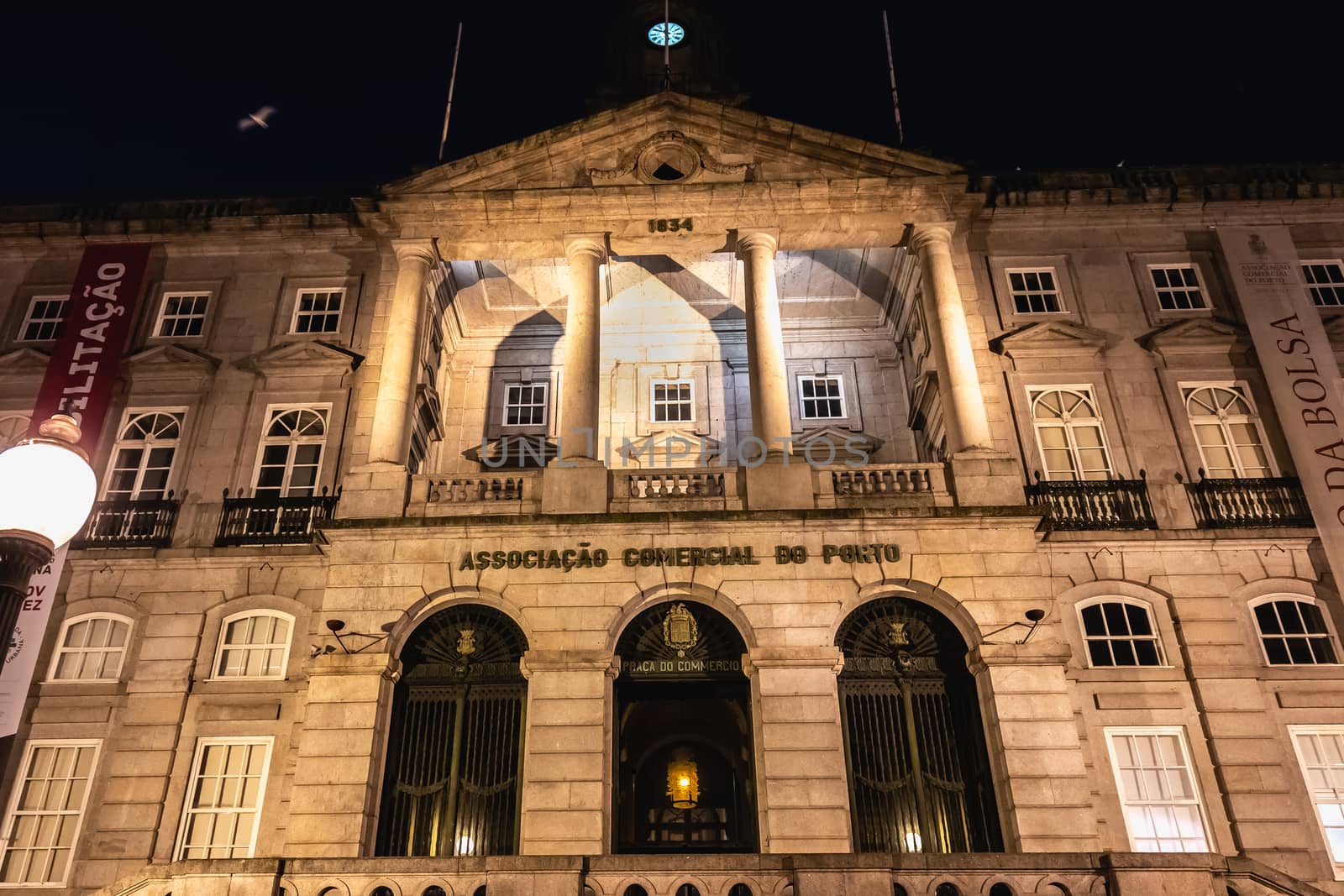 Architecture detail of Porto commercial association at night by AtlanticEUROSTOXX