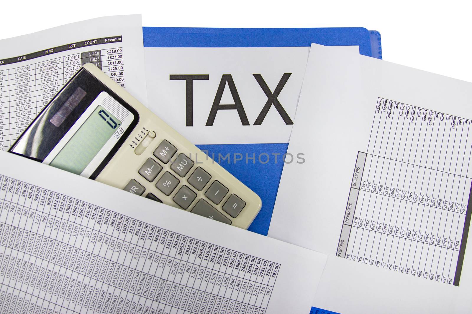 Folder Tax documents and paper files with calculator concept Annual tax payment
