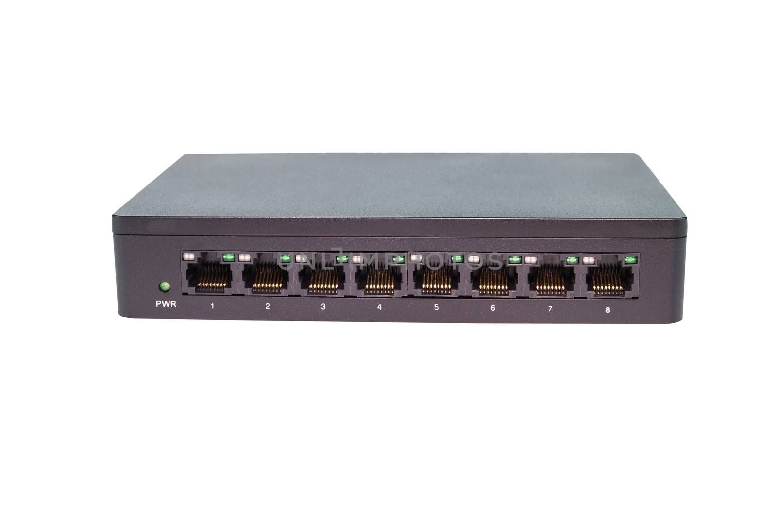 Black switch 8 port gigabit isolated white background device connect network and internet clipping path