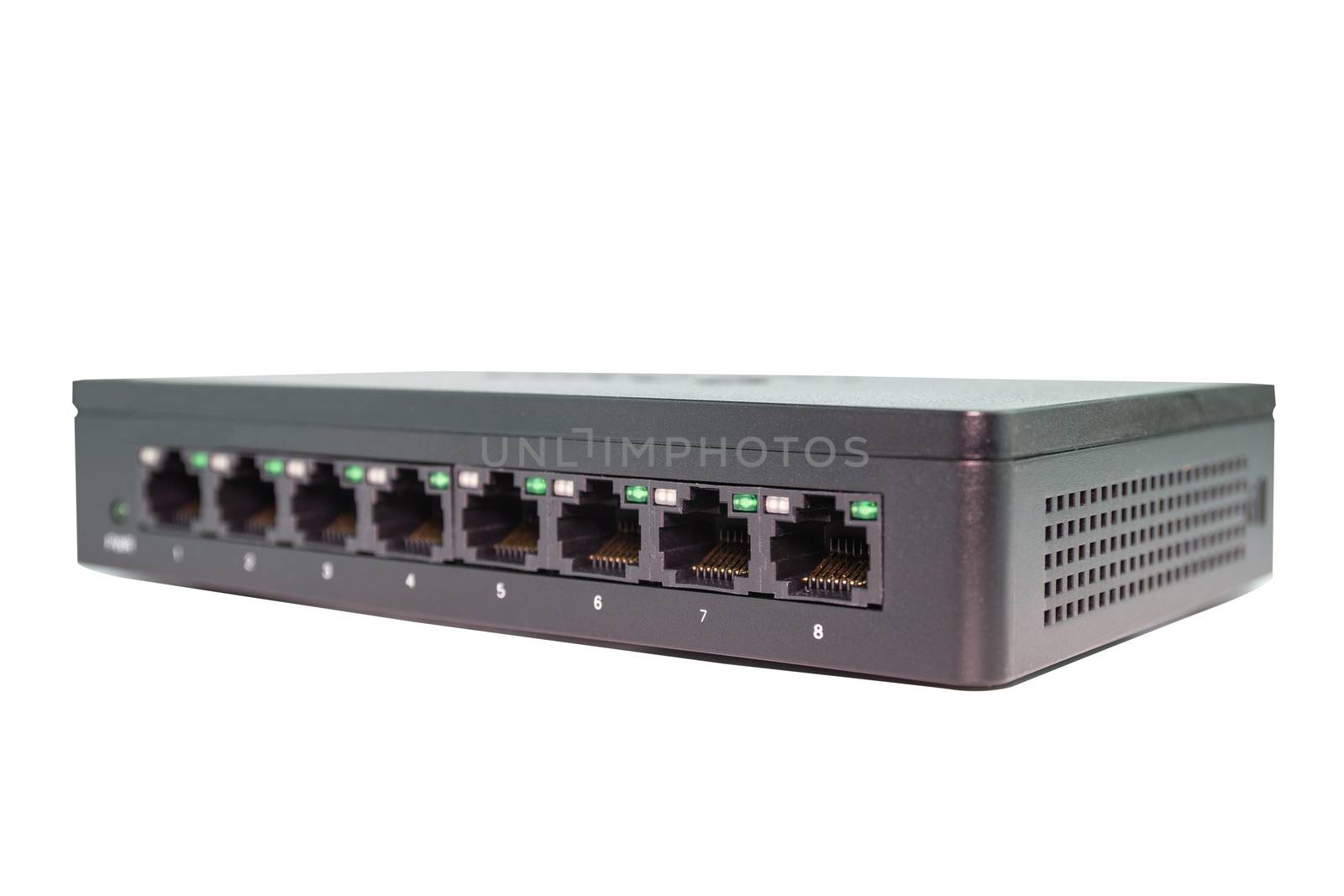 Black switch 8 port gigabit isolated white background device connect network and internet clipping path