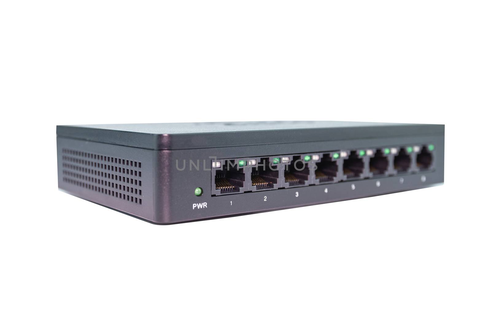 Black switch 8 port gigabit isolated white background device connect network and internet clipping path