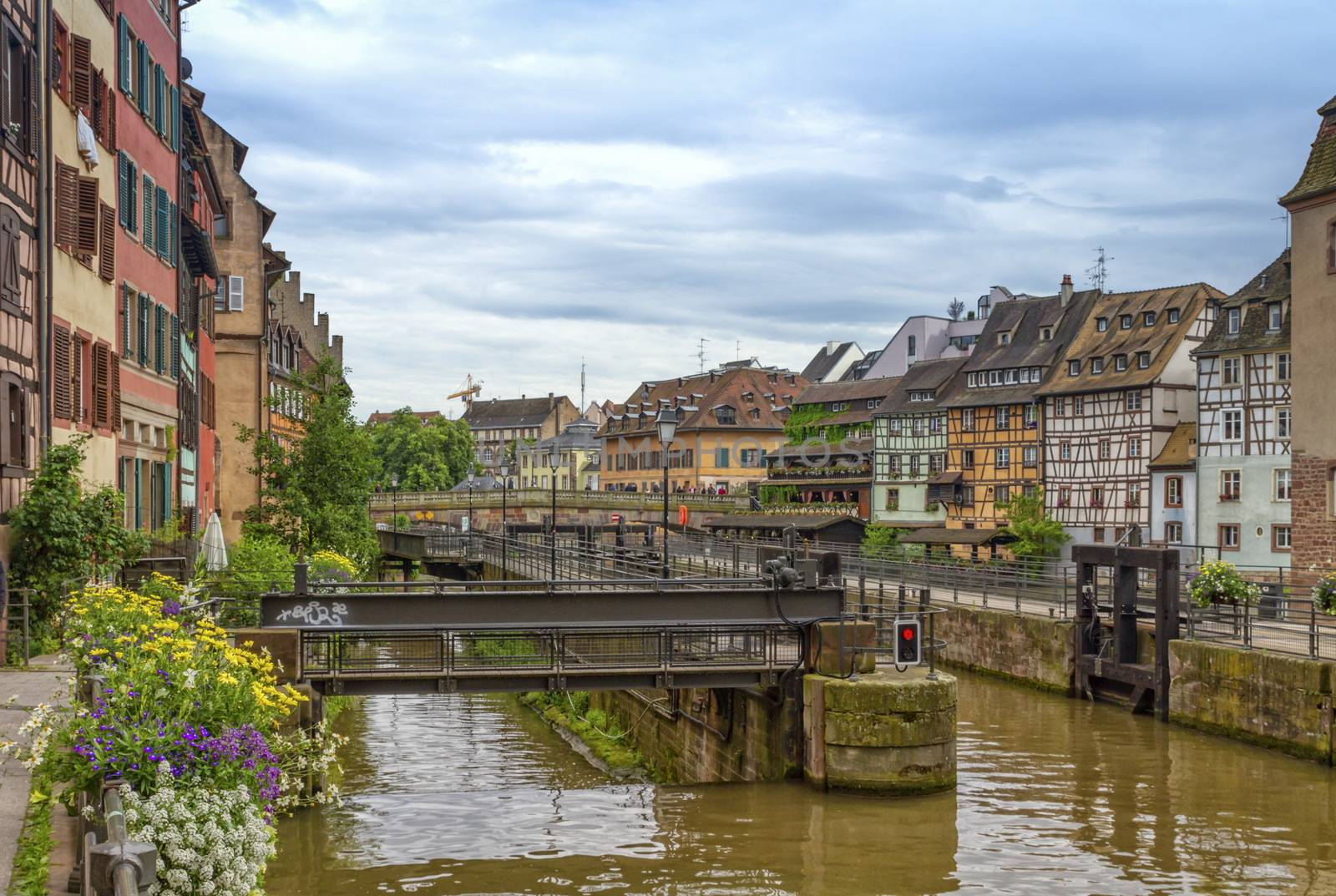 Traditional Alsatian half-timbered houses and canal in Petite France, Strasbourg, France