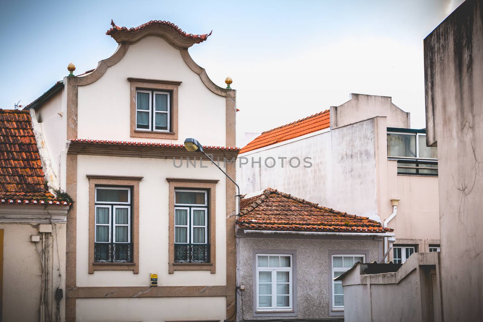 Aveiro, Portugal - May 7, 2018: Small traditional house architecture detail in the historic city center of the city on a spring day