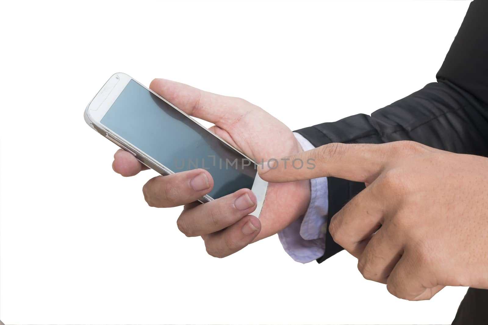 business man use his phone on white background