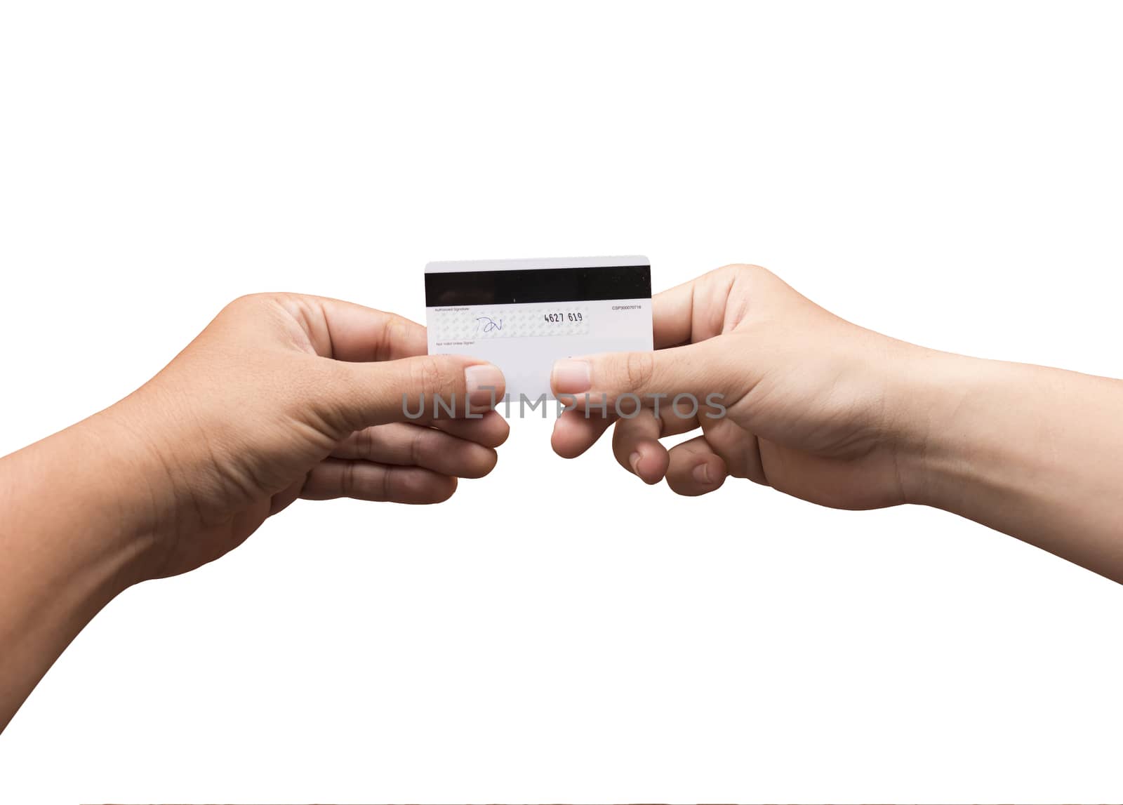 Holding and giving credit card over white background