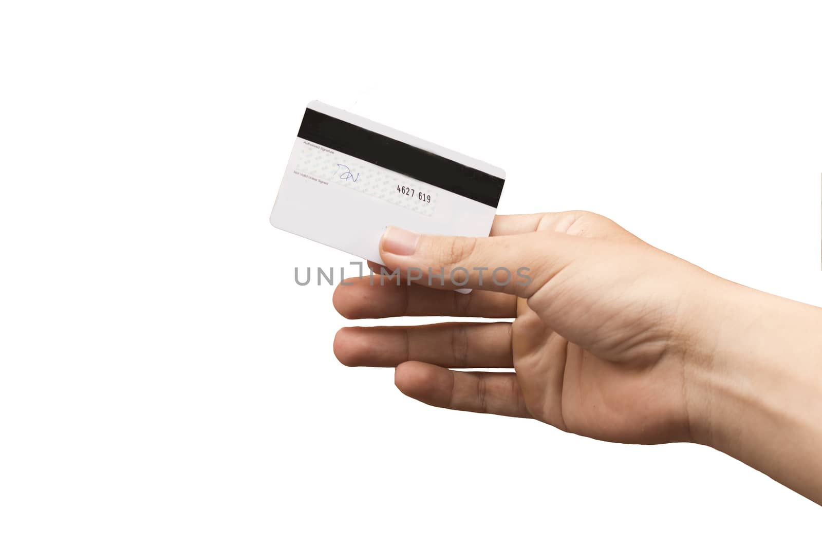 female hand holding credit card isolated on white