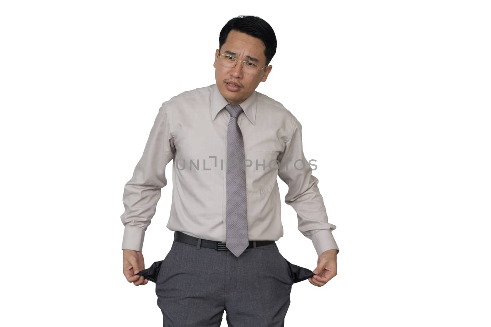 Asian business man has no money at all. by white  background.