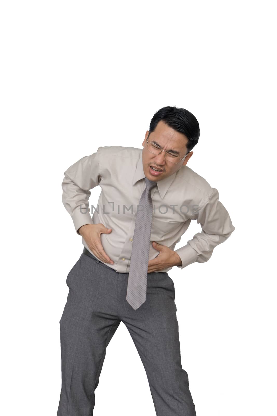 Asian Businessmen are standing stomachache with a white back.