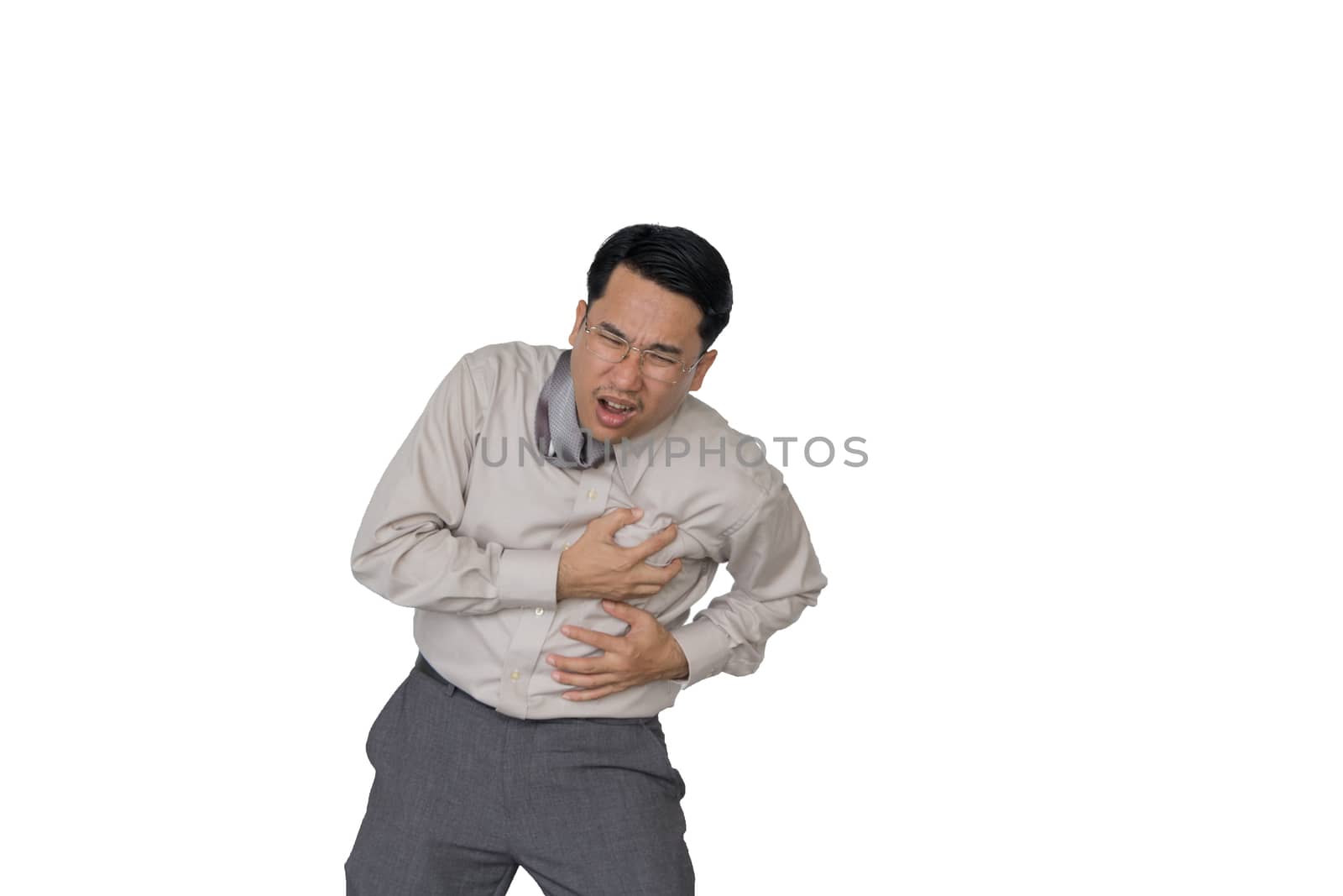 Asian businessman with heartache by white background.