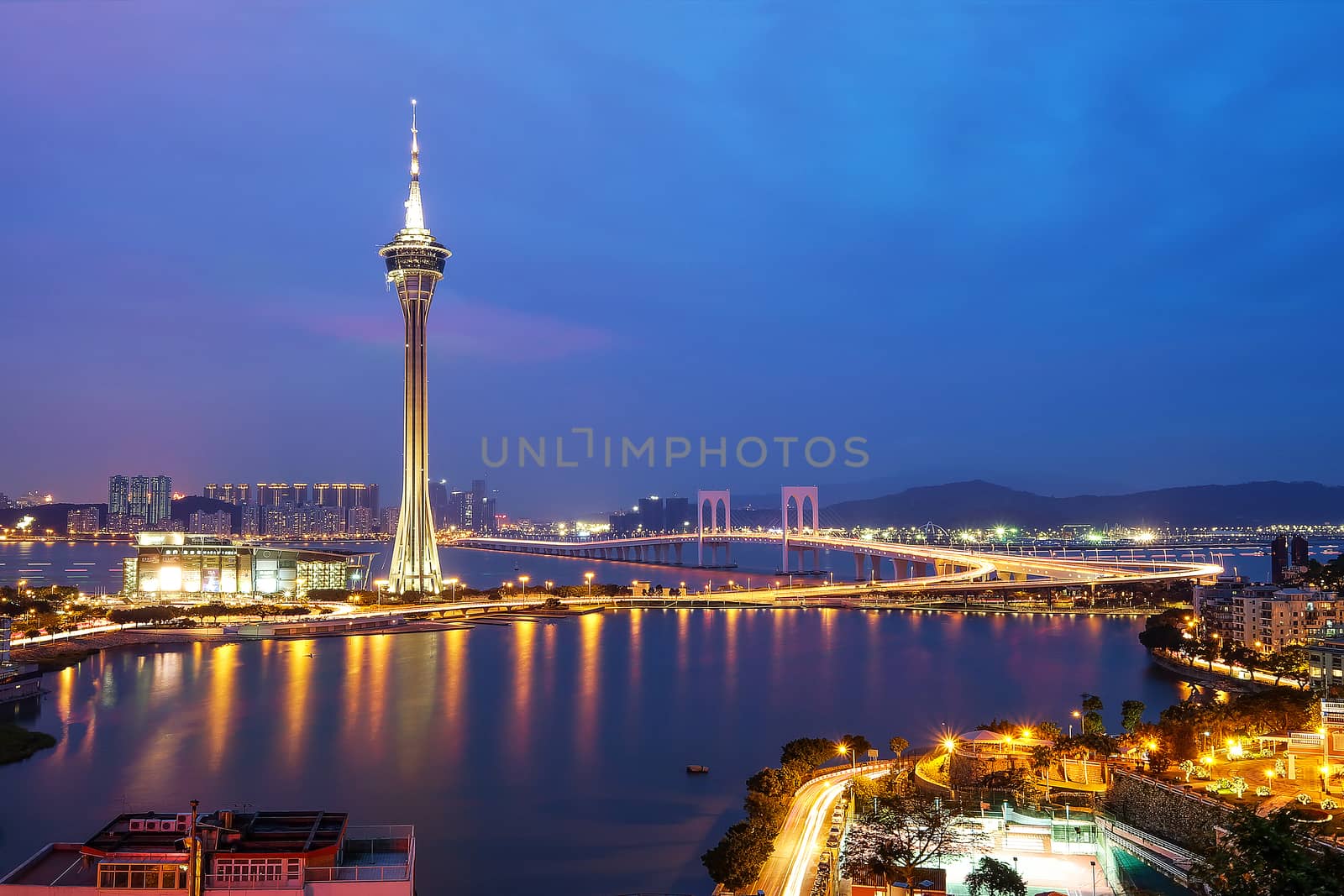 Night view of Macau Tower in Twilight Time 
 by Surasak