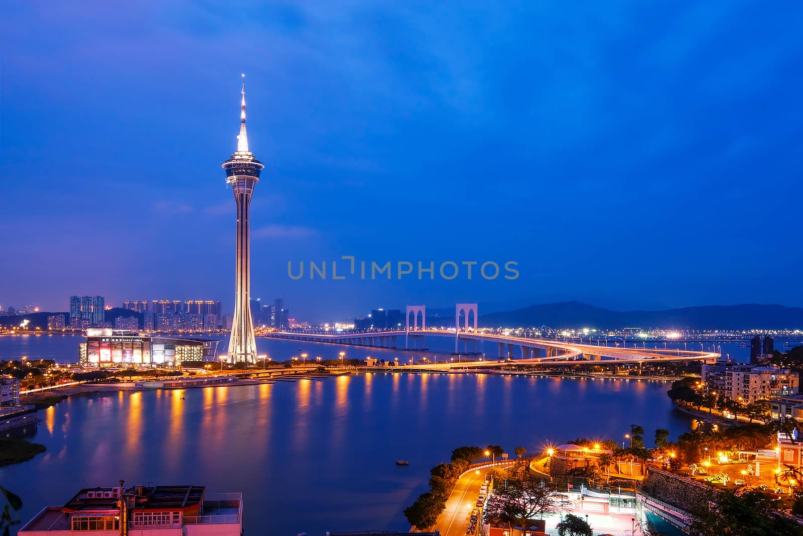 Night view of Macau Tower in Twilight Time by Surasak