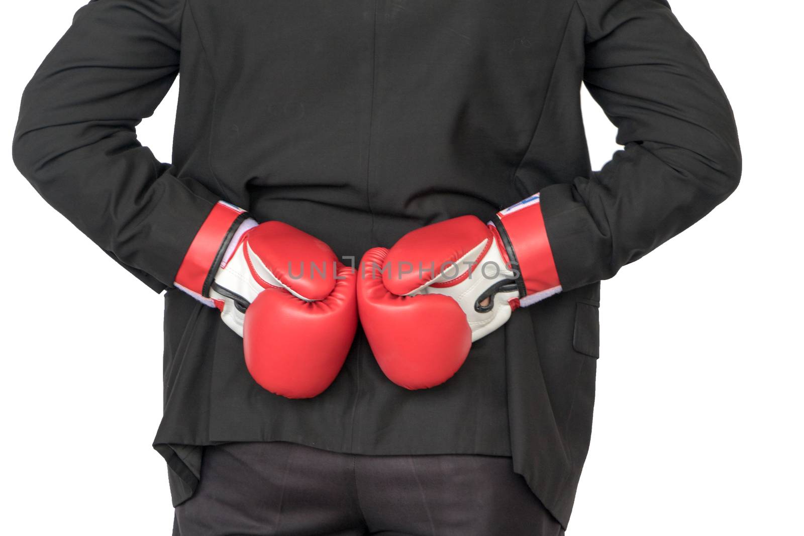 Young businessman wearing boxing gloves It shows that it is ready to fight the competition and problems in the future.
