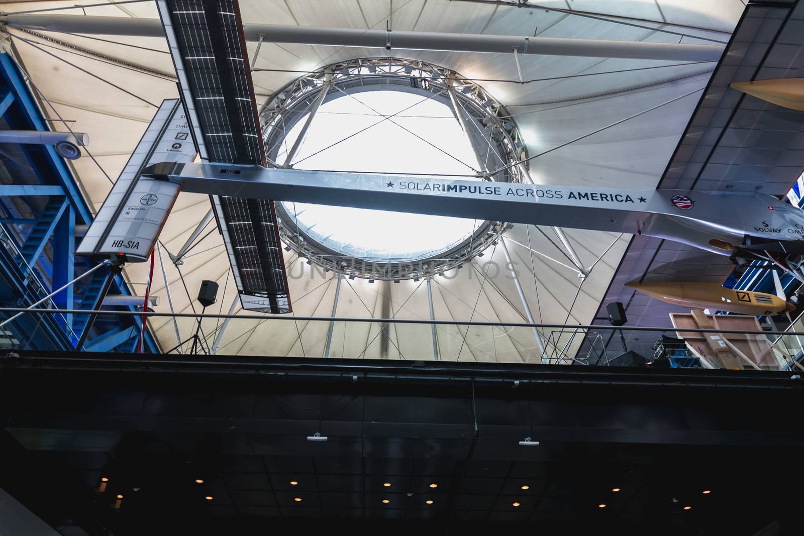 Paris, France - October 6, 2018: Exhibition of the famous Solar Impulse HB-SIA electric aircraft during the Science Fair 2018 in the hall of the City of Science and Industry