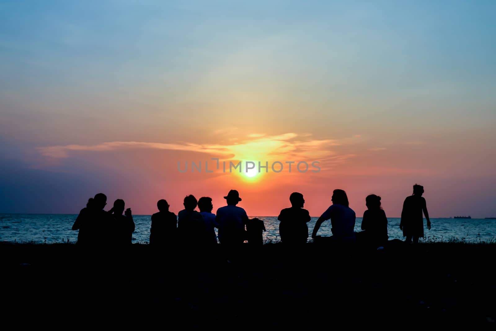 silhouette family meeting look sunset on beach by Darkfox