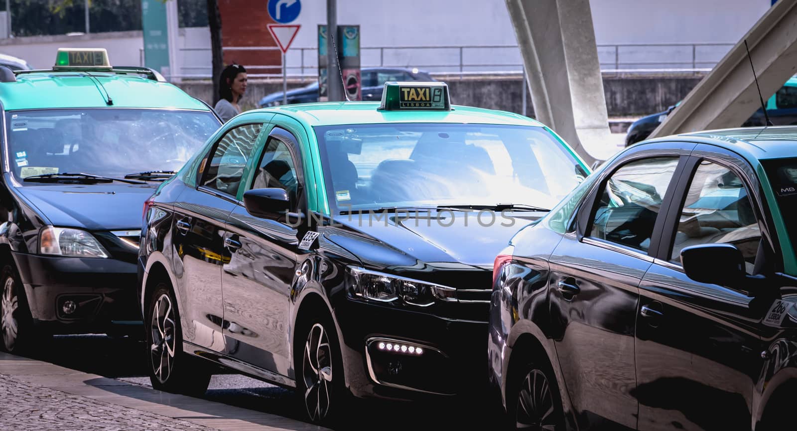 Lisbon, Portugal - May 7, 2018: Taxis cars parked in front of Oriente Intermodal Station Lisbon, a railway and road station completed in 1998 for Expo 98