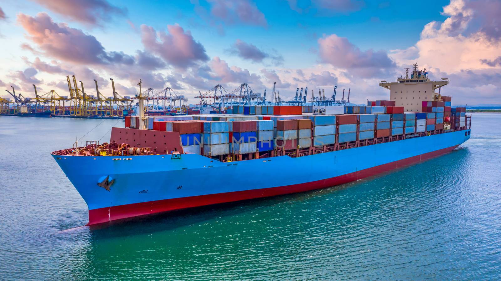 Container cargo ship  import export global business worldwide logistic and transportation, Container ship supply chain crisis, logistic crisis, Aerial view container cargo vessel boat freight ship.