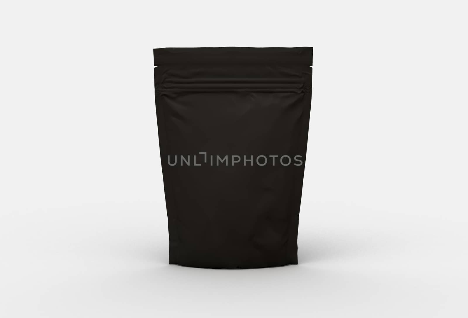 The black food and snack pouch bag packaging mock-up design front view on studio stage