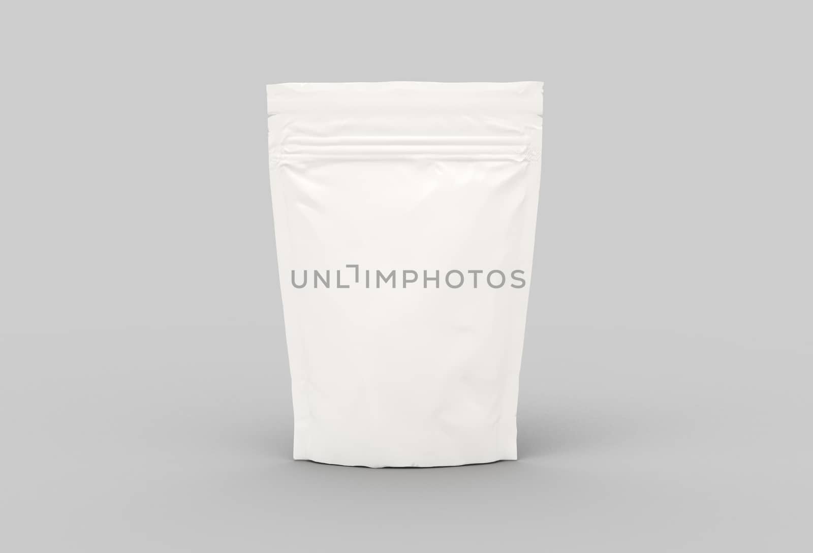 The white food and snack pouch bag packaging mock-up design front view on studio stage