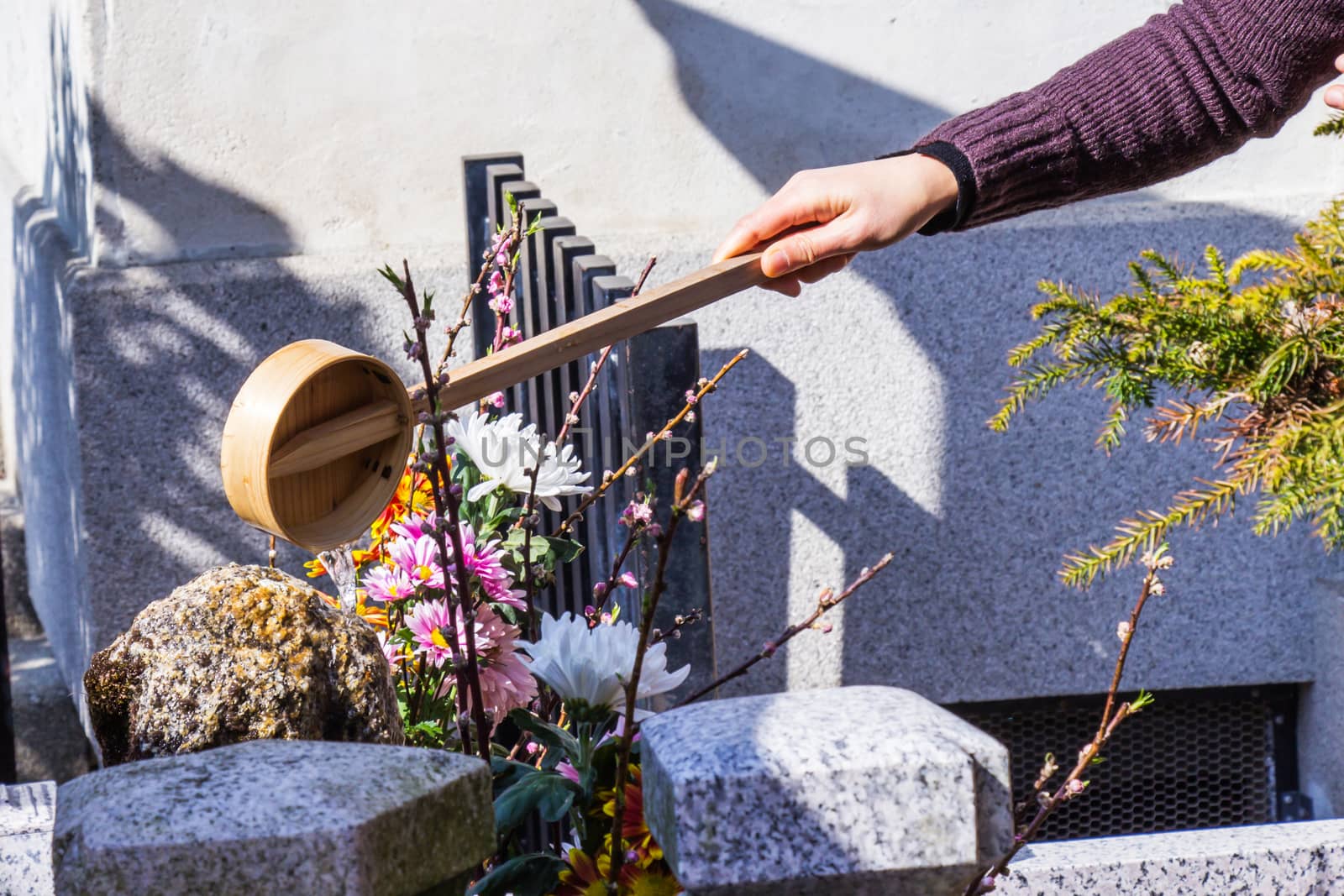 Japanese tourists and foreigners, Sprinkle with dipping water on a rock at Kiyomizu-dera temple. Japan.