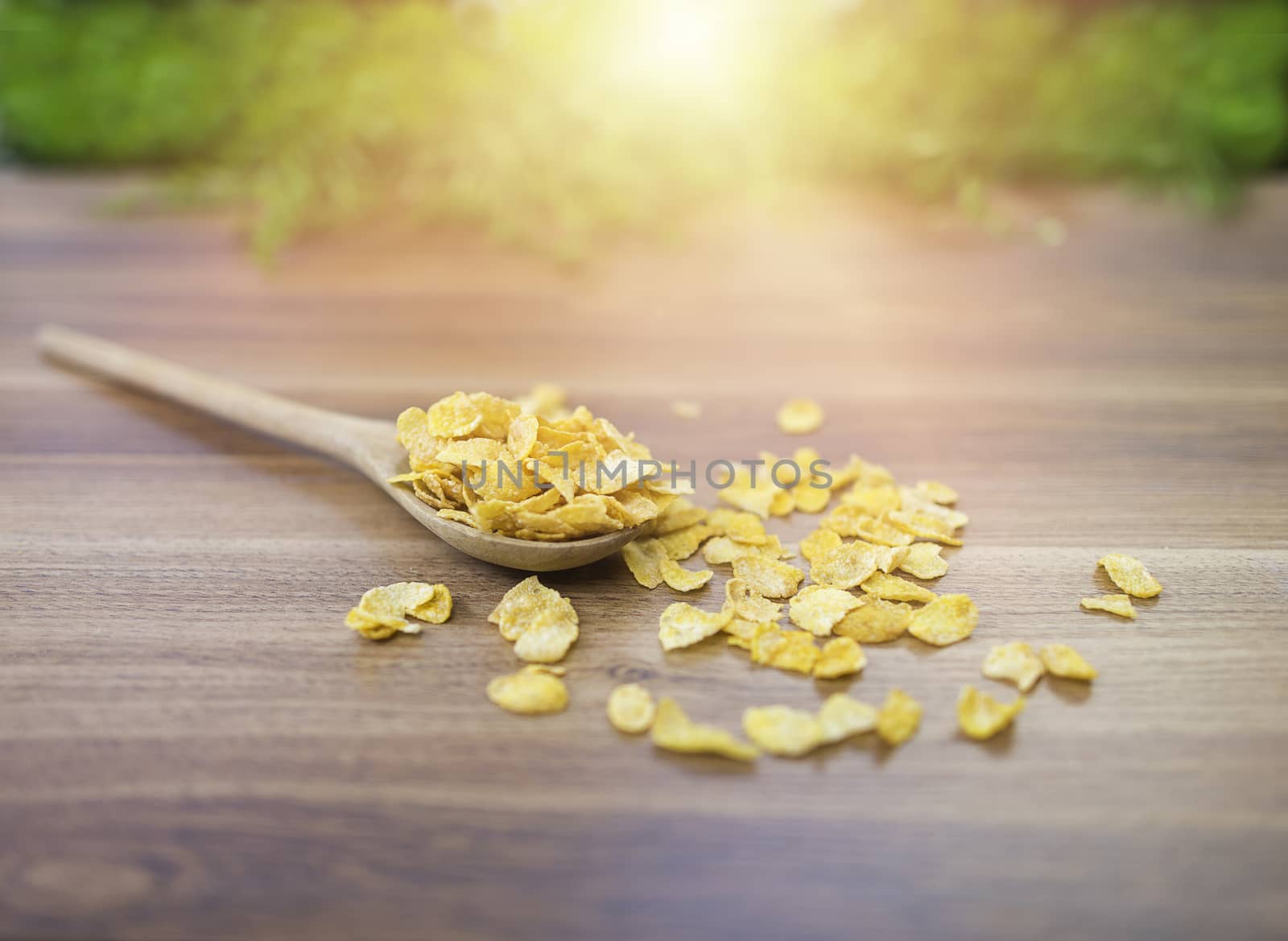 Corn flakes on wood table