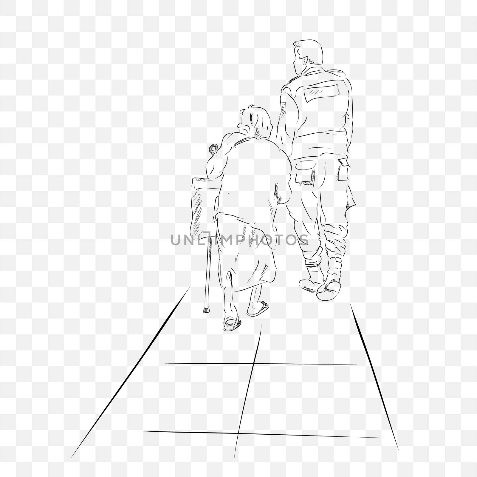 Vector Illustration, Security or Police Helping old Woman Walking into her destination at tranparent Effect Background