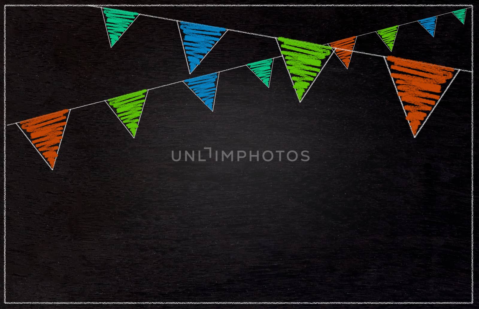 Blackboard, chalkboard texture background and drawing colorful flags hanging, party and festival concept 
