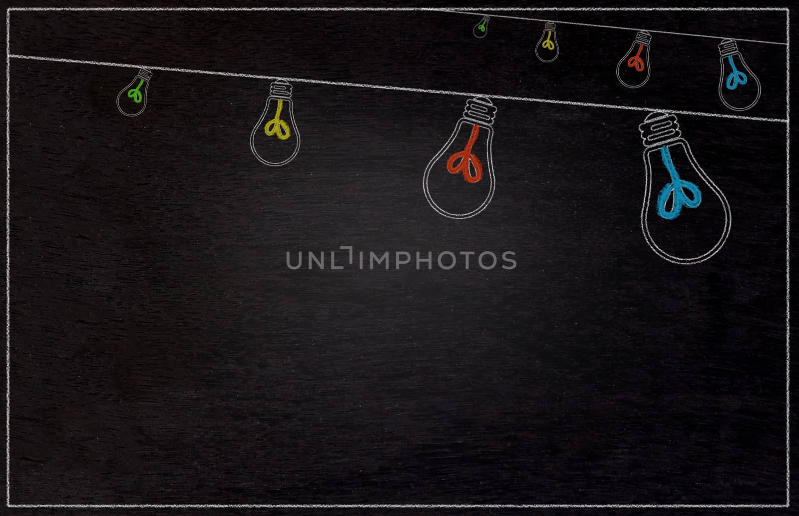 Blackboard, chalkboard texture background and drawing colorful light bulb hanging, party and festival concept 