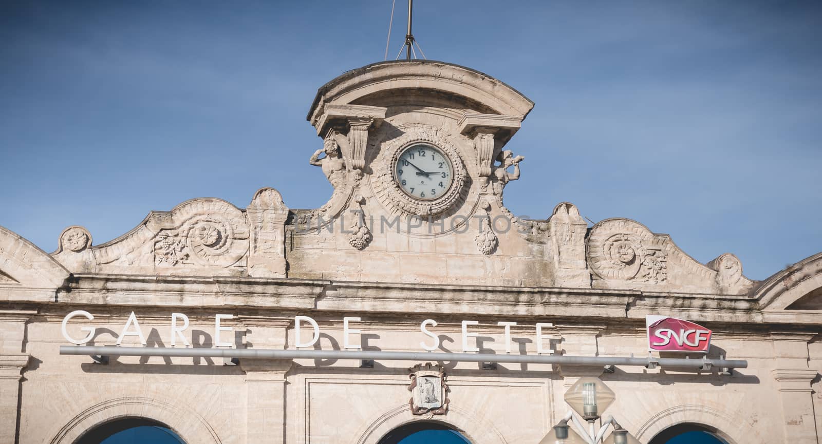 Sete, France - January 4, 2019: Architecture detail of the SNCF train station in the city center on a winter day