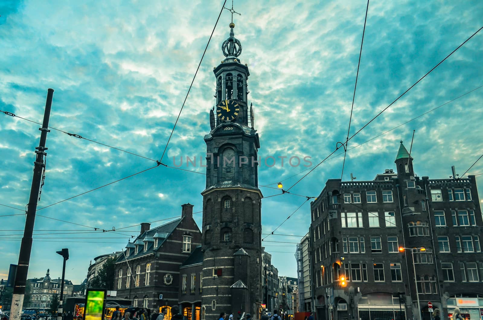 Munttoren clock tower to the rear at Muntplein, Amsterdam, Netherlands (Holland)