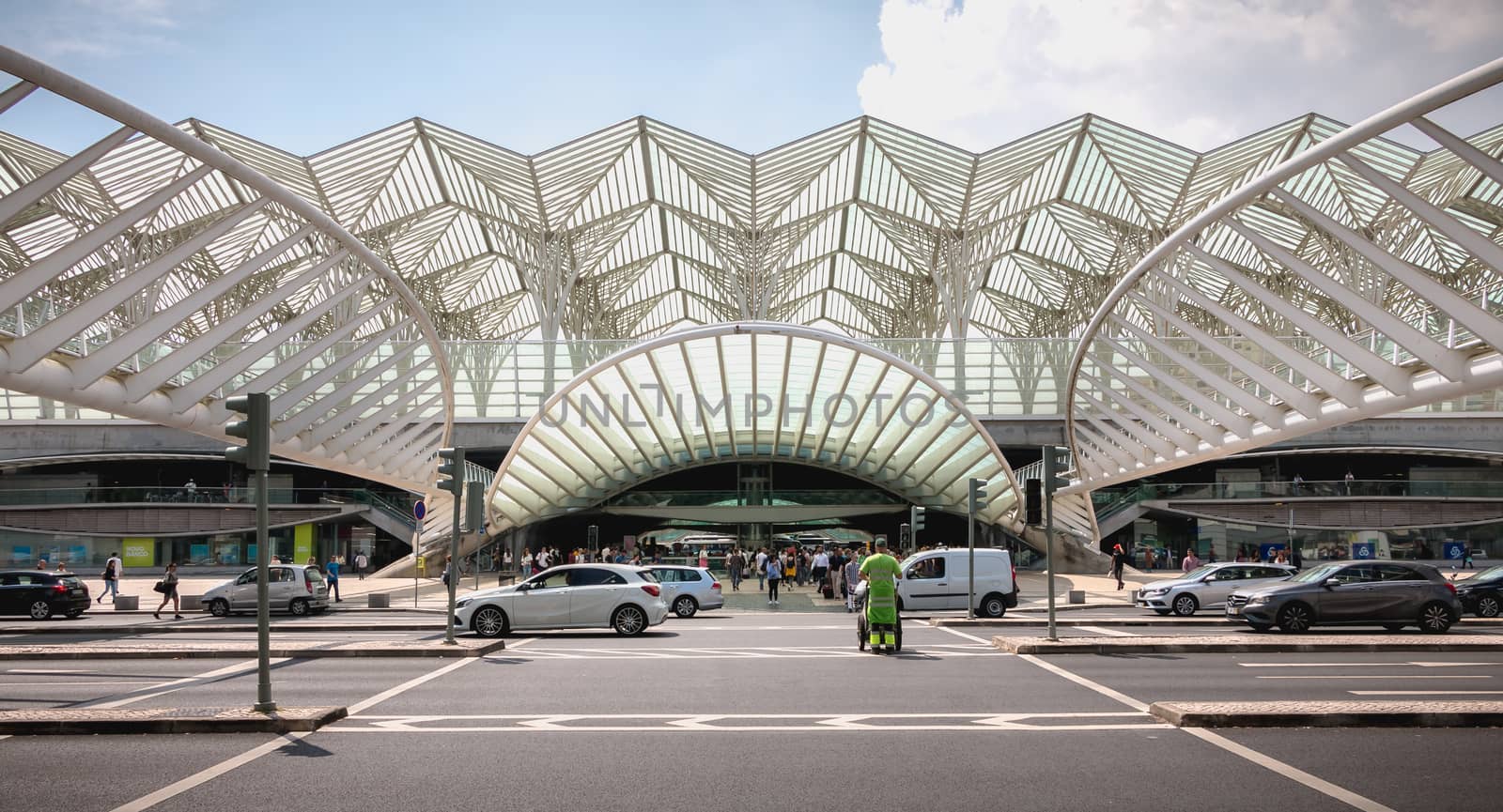 Lisbon, Portugal - May 7, 2018: Architecture detail and street atmosphere in front of the Lisbon Oriente train station on a spring day