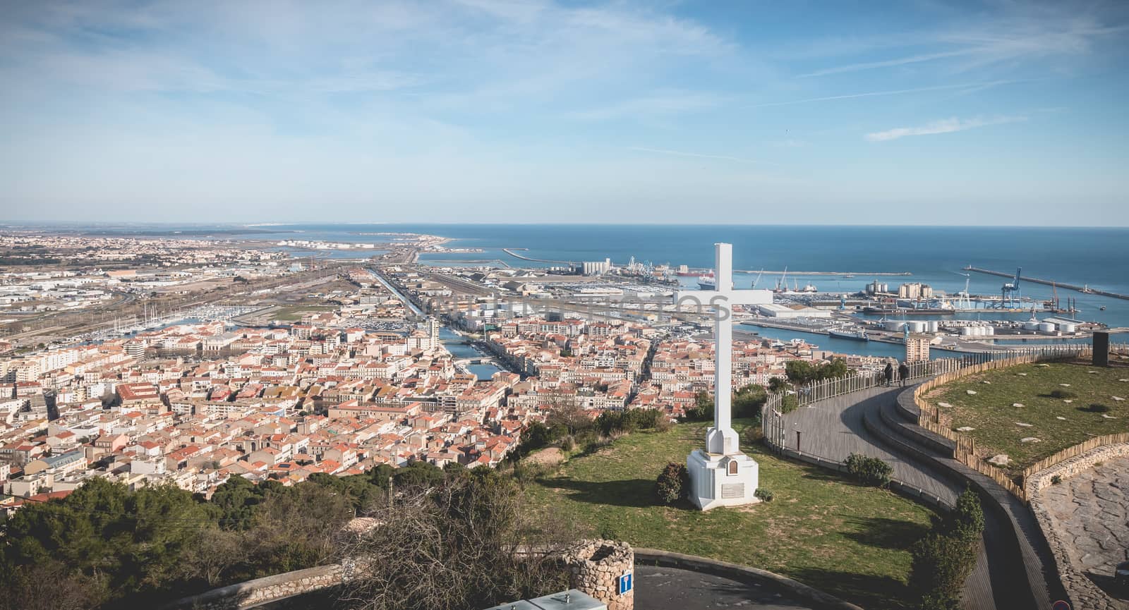 Sete, France - January 4, 2019: Architectural detail of the cross of Mont Saint Clair overlooking the town of Sete on a winter day