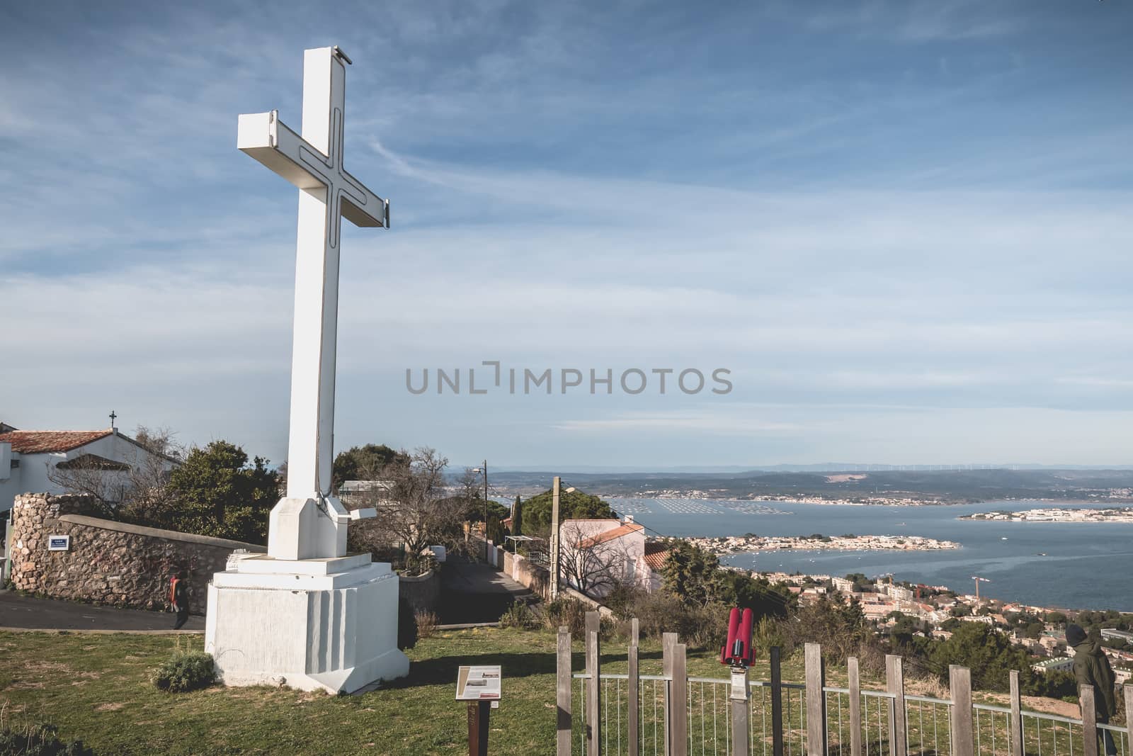 Sete, France - January 4, 2019: Architectural detail of the cross of Mont Saint Clair overlooking the town of Sete on a winter day