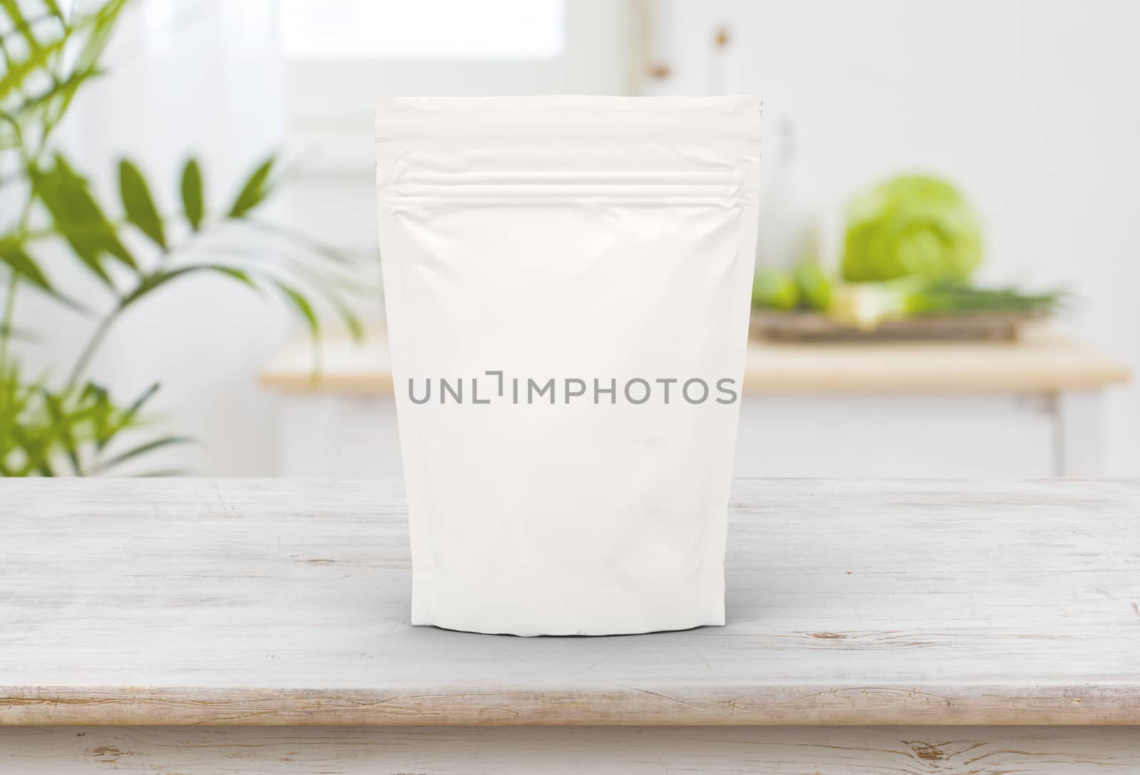 White food and snack pouch bag packaging mock-up design front view by cougarsan
