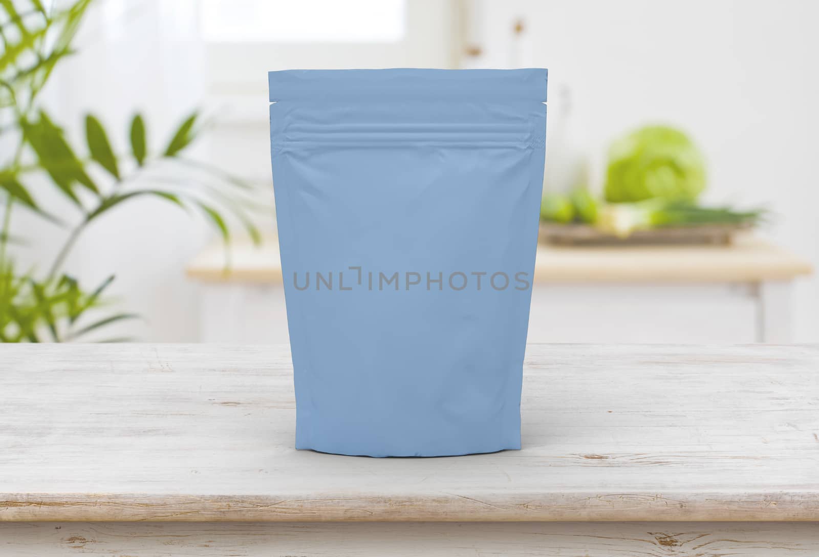 The blue food and snack pouch bag packaging mock-up design front view on wooden table 