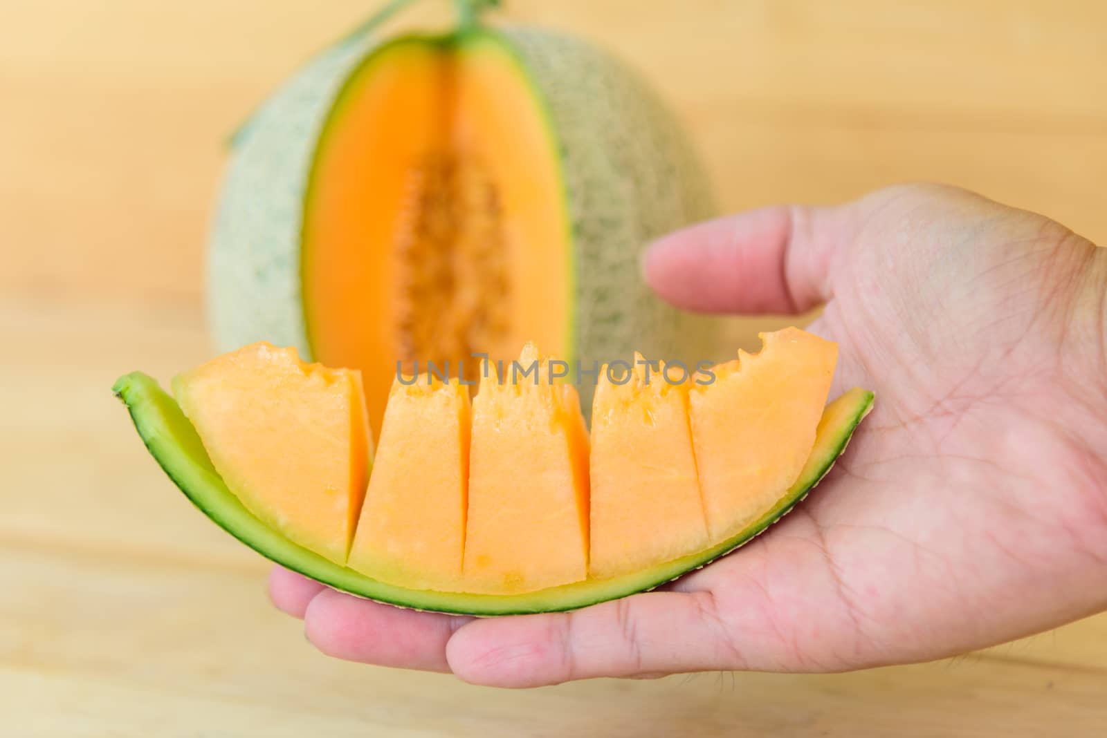 Fresh orange melon in greenhouse